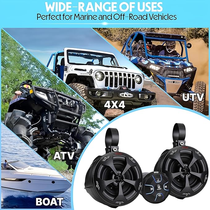 Pyle 2-Way Dual Bluetooth Off-Road Speakers - 4 Inch 800W Marine Waterproof Wakeboard, Full Range Outdoor for ATV, Snow Mobile UTV, Quad, Jeep, Boat PLUTV46BTA, Black