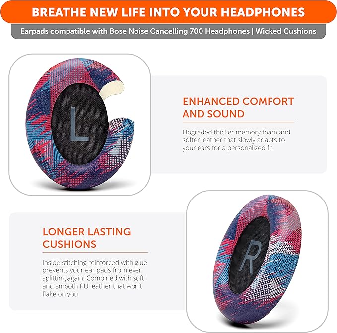 WC Wicked Cushions Upgraded Replacement Ear Pads for Bose 700 Noise Cancelling Headphones (NC700) - Softer PU Leather, Luxurious Memory Foam, Added Thickness, Extra Durable Ear Cushions |(Speed Racer)