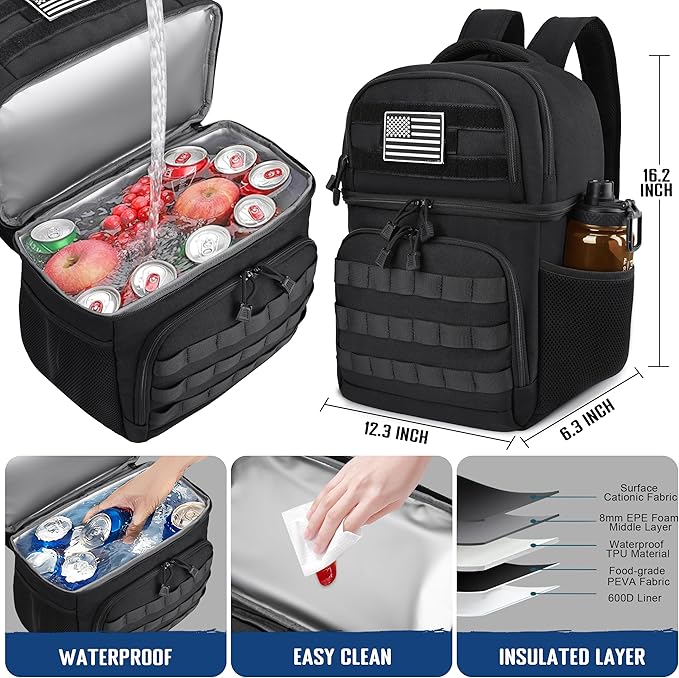 MOZETO Lunch Backpack for Men, Tactical Inspired Double Deck Cooler Backpack Insulated Leakproof RFID Lunchbox for Work (Black)