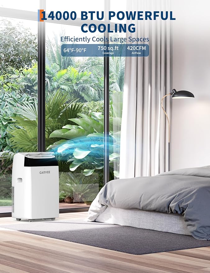 Garvee 14000 BTU Portable Air Conditioner, 3-in-1 Portable AC with Cooling, Dehumidifier, Fan, Follow Me, 24-Hour Timer, Remote, Window Kit for Large Room, Bedroom, Home Office Use, 750 Sq. Ft, 115V