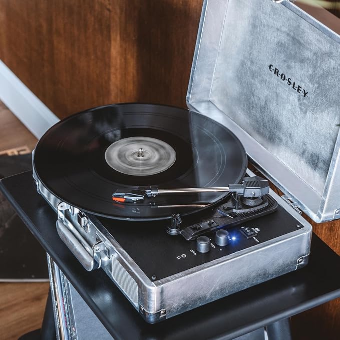 Crosley CR8005F-SI Cruiser Plus Vintage 3-Speed Bluetooth in/Out Suitcase Vinyl Record Player Turntable with Built-in Speakers, Silver
