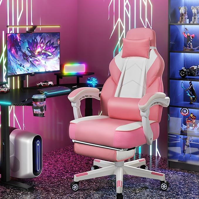 Meilocar Big and Tall Gaming Chair for Adults, 330lbs Heavy Duty Computer Chair with Footrest & Massage Lumbar Support, Wide Seat High Back Reclining Desk Chair, Pink