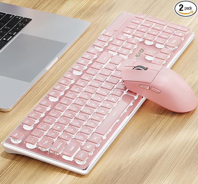 V3 Wireless Keyboard and Mouse Combo, Bluetooth/2.4G Rechargeable Light up Quiet Computer Wireless Keyboard and Mouse with White Backlit, Metal Panel-Pink