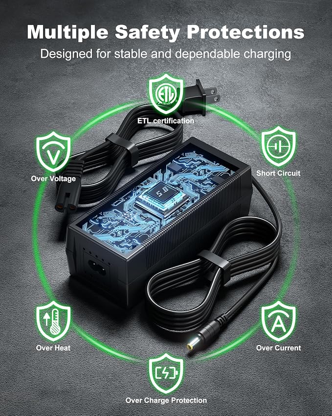 VHBW 54.6V 2A Charger Compatible with Ride1Up Portola, Turris, Cafe Cruiser, 700 Series, LMT'D V1 V2, Core-5 and 500 Series, ETL Listed, 5 Connector Tips, 8.2 FT Cord