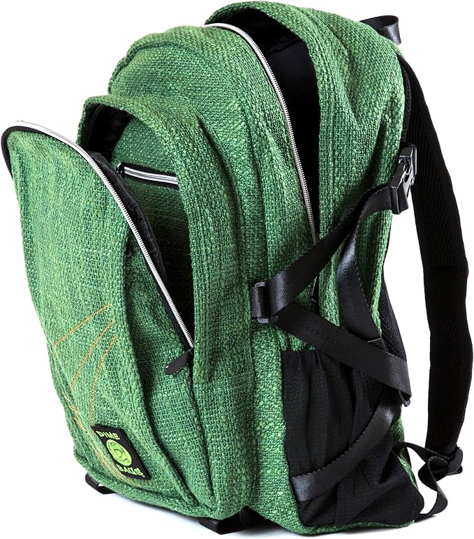 Dime Bags Backpack For Travel & School, Durable Hempster Material, 9 Storage Compartments & 2 Side Bottle Pockets, Fits 17” Laptop, Adjustable Padded Straps, Hidden Internal Pocket (Forest)