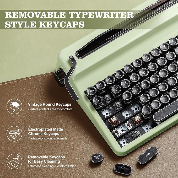 YUNZII QL75 Wireless Typewriter Hot Swap Retro Mechanical Keyboard,Punk Round Keycaps,RGB Backlit QMK/VIA Programmable, Multi-Device Keyboard with 2.4GHz/Type-C/BT5.0 (Green, Cocoa Cream V2 Switch)