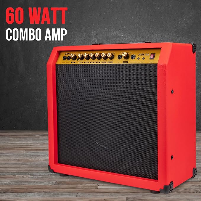 LyxPro 60 Watt Electric Guitar Amplifier | Combo Solid State Studio & Stage Amp with 10” 4-Ohm Speaker, Custom EQ Controls, Drive, Delay, ¼” Passive/Active/Mic Inputs, Aux In & Headphone Jack - Red