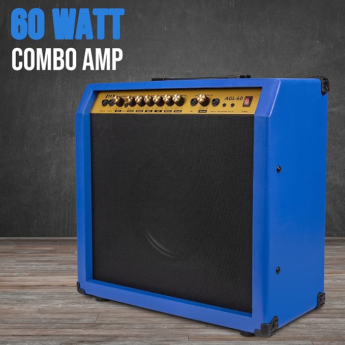 LyxPro 60 Watt Electric Guitar Amplifier | Combo Solid State Studio & Stage Amp with 10” 4-Ohm Speaker, Custom EQ Controls, Drive, Delay, ¼” Passive/Active/Mic Inputs, Aux in & Headphone Jack - Blue