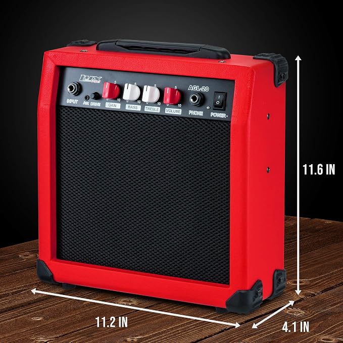 LyxPro Electric Guitar Amp 20 Watt Amplifier Built in Speaker Headphone Jack and Aux Input Includes Gain Bass Treble Volume and Grind - Red