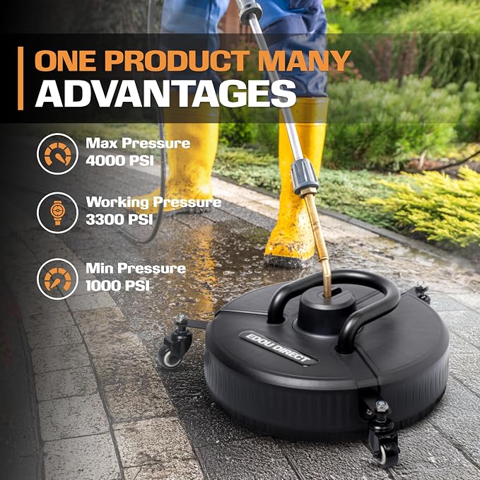 Edou Direct Pressure Washer Surface Cleaner with Wheels and Handle - Heavy-Duty Plastic - 15'' - Compatible with Most Electric Pressure Washers - 1/4 Inch Quick-Connect - Black