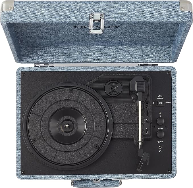 Crosley CR8005F-WD Cruiser Plus Vintage 3-Speed Bluetooth in/Out Suitcase Vinyl Record Player Turntable with Built-in Speakers, Washed Denim