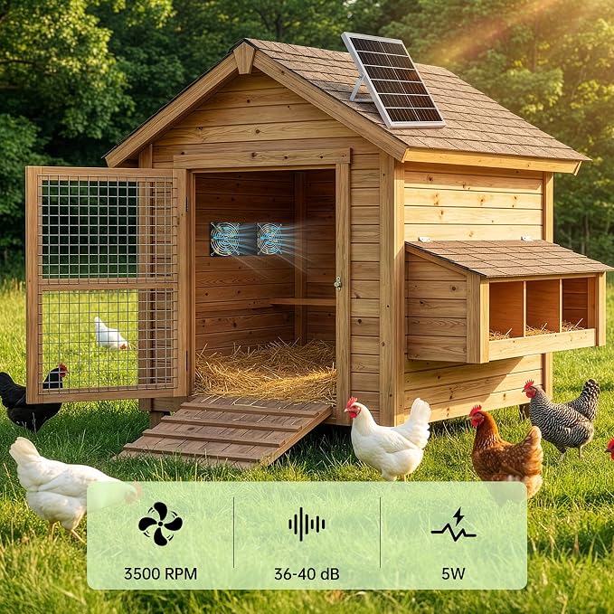 ropelux Solar Fan for Chicken Coop, Solar Powered Dual Exhaust Fans with 18000mAh Battery & 2 Timers, 24/7 Strong Airflow Cooling Ventilation for Greenhouses, Dog Houses, Attics, Sheds, Cabins