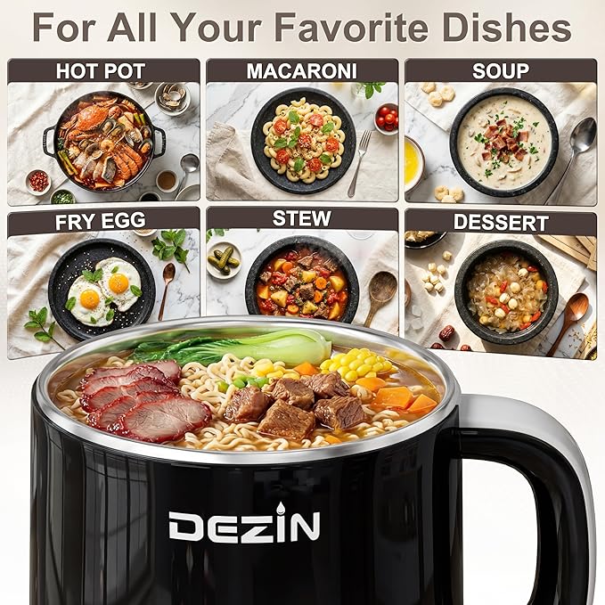 Dezin Hot Pot Electric with Steamer, Rapid Noodles Cooker, Stainless Steel Electric Pot 1.6 Liter, Perfect for Ramen, Egg, Dumpling, Soup, Oatmeal with Temperature Control and Keep Warm Function