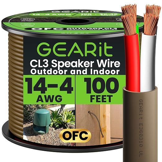 GEARit Outdoor Speaker Wire CL3 Rated, 14 Gauge Speaker Wire, Speaker Cable 100 ft for Outdoor Speakers, Patio, Garden, Backyard Audio, Direct Burial in Ground/in Wall, OFC (Brown, 4-Conductors)