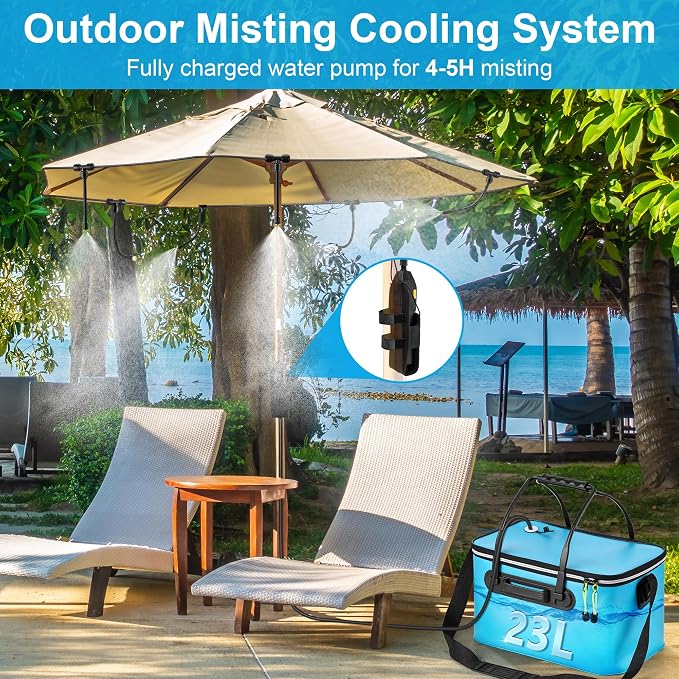 6 Gallon Portable Misting System, 30FT Cooling Misters with Water Mister Pump Foldable Bucket 8 Mist Nozzles for Outdoor Patios, Golf Carts, Greenhouses, Canopy, Camping, Hiking(Blue)