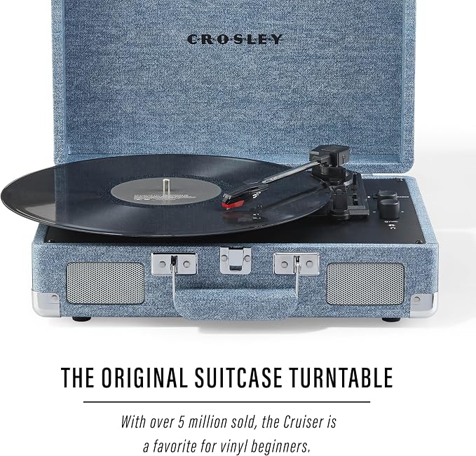 Crosley CR8005F-WD Cruiser Plus Vintage 3-Speed Bluetooth in/Out Suitcase Vinyl Record Player Turntable with Built-in Speakers, Washed Denim
