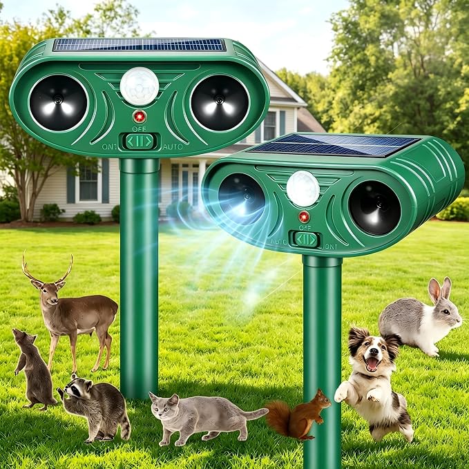 2026 Solar Animal Repellent Outdoor with Motion Deer Repellent Devices Ultrasonic Cat Deterrent Fox Raccoon Rabbit Squirrel Coyote Deterrent Waterproof for Yard & Garden 2Pack