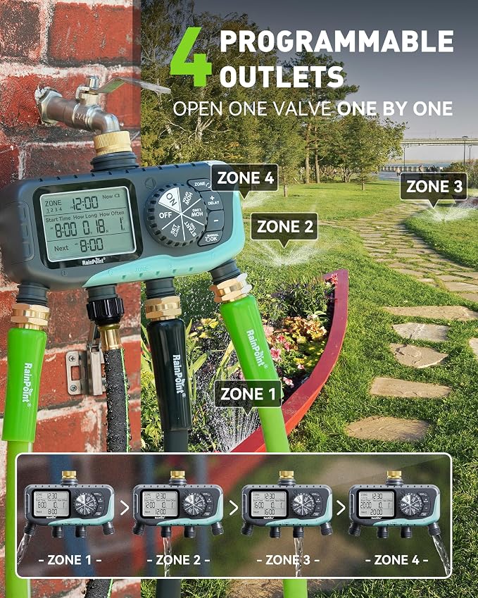 RAINPOINT 4-Zone Sprinkler Timer, 2027 New Version 4 Outlets Hose Water Timer, Automatic Irrigation Controller with Rain Delay & Manual Mode for Lawn & Garden Irrigation