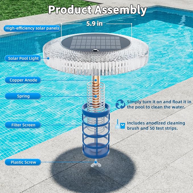 Solar Pool Ionizer Floating Light: Solar Powered Copper Ionizer with Remote Control IP68 Waterproof LED Swimming Pool Light for Above Ground & In-Ground Pools