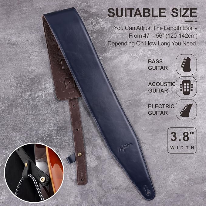 Nefelibata 3.8" Wide Guitar Strap, Full Grain Italian Leather Adjustable Guitar Straps with Foam Padding for Bass, Electric, and Acoustic Guitars