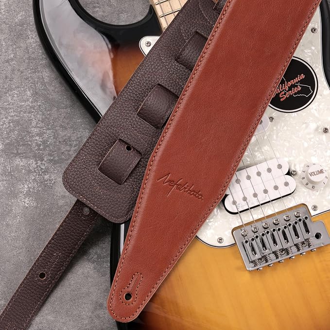 Nefelibata 3" Wide Guitar Strap, Full Grain Italian Leather Adjustable Guitar Straps with Foam Padding for Bass, Electric, and Acoustic Guitars