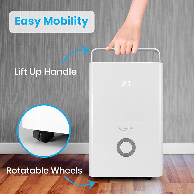 SereneLife 50-Pint Electric Home Compact Dehumidifier - 3000 Square Feet Quiet Electric Dehumidifiers For Home Closet Basement w/ 4L Water Tank Capacity, Removes Moisture - SereneLife SLDEHU50, White