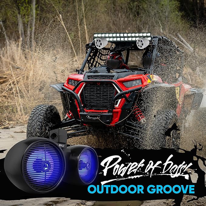 Pyle Dual Waterproof Off-Road Speakers - 8" 300W 2-Way Marine Wakeboard Tower Sound System w/LED Light, Full Range Outdoor Stereo Speaker for Car, ATV, UTV, Jeep, Boat, Includes Brackets (Black)
