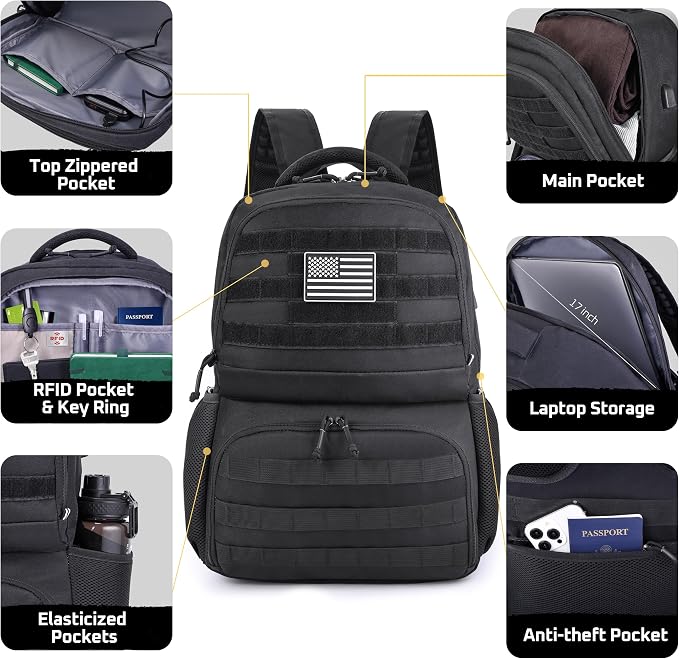 MOZETO Laptop Lunch Backpack for Men, Tactical Inspired Utility Anti-Theft Work Bag with Cooler Compartment Lunchbox (Black, 18 Inch)