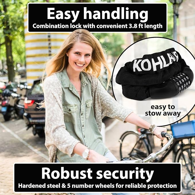 KOHLBURG Extra Long Bicycle Combination Lock - 3.8 ft Chain & 0.24” Strong Number Combination Bike Lock - Secure Chain Lock Almost 4 ft - Security 5-Digit Bike Lock Combo for Bicycle & e-Bike