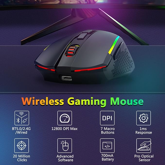 Redragon Wireless Gaming Keyboard and Mouse Combo, Bluetooth/2.4G/USB-C Wired, RGB Backlit, 75% Portable Quiet Rechargeable Macro Membrane Keyboard & 12800 DPI Mouse with Software for Win/MAC