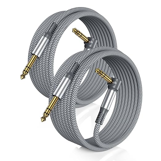 RUXELY 6.35mm TRS Instrument Cable 20FT 2Pack,Right Angle 90Degree 1/4 Inch Male Jack Stereo Audio Cord,6.35 Balanced Line Lead for Electric Guitar,Bass,Keyboard,Mixer,Amplifier/AMP,Speaker,Equalizer