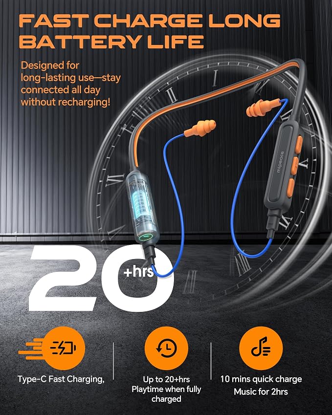MIPEACE Neckband Bluetooth Work Headphones, 29dB Work Earbuds Bluetooth OSHA Approved-Ear Protection Headphones Noise Reduction for Construction Safety Industry, 20+Hour Battery, 4 EQ Modes