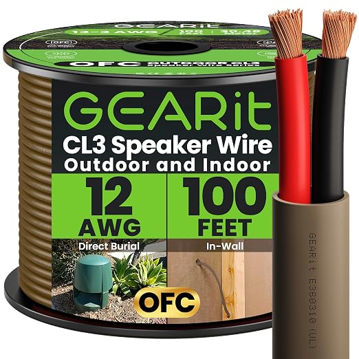 GEARit Speaker Wire 12 Gauge 100 ft,12 Gauge Speaker Cable UL CL3 Rated Copper Wire with Polarity Mark,Audio Cable for in-Wall,Home,Car,Outdoor,Garden,Commercial Audio Systems,OFC(Brown,2-Conductors)