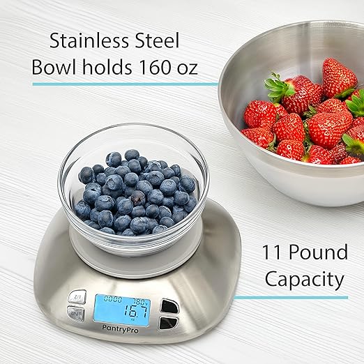 PantryPro Digital Kitchen Scale with Bowl - Gold Stainless Steel 12lbs Capacity - LCD Display Grams and Ounces Battery Included