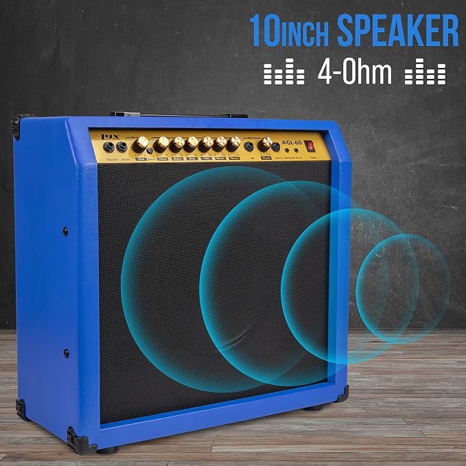 LyxPro 60 Watt Electric Guitar Amplifier | Combo Solid State Studio & Stage Amp with 10” 4-Ohm Speaker, Custom EQ Controls, Drive, Delay, ¼” Passive/Active/Mic Inputs, Aux in & Headphone Jack - Blue