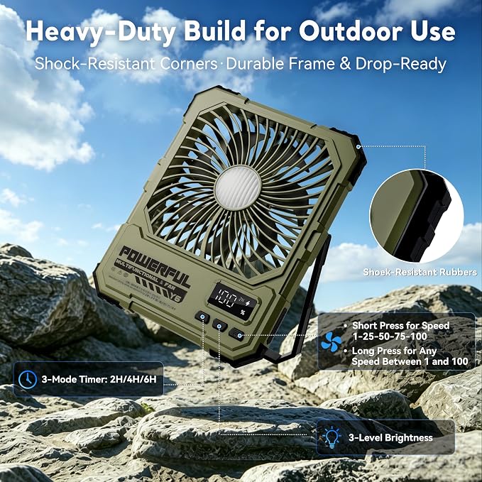 Portable Fan, Camping Fan, 20000mAh 6-Inch 18-85H Rechargeable Ultra Thin Foldable with Built-in Power Bank, LED Light, Remote Control, Hook for Outdoor Camping Tent RV Travel (Green)