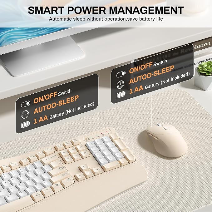 Ergonomic Wireless Keyboard and Mouse Combo, Wave Keys Keyboard with Wrist Rest for Natural Typing, 3 DPI Adjustable Ergonomic Silent Mouse for Computer/Laptop/Windows/Mac (Latte Color-B)