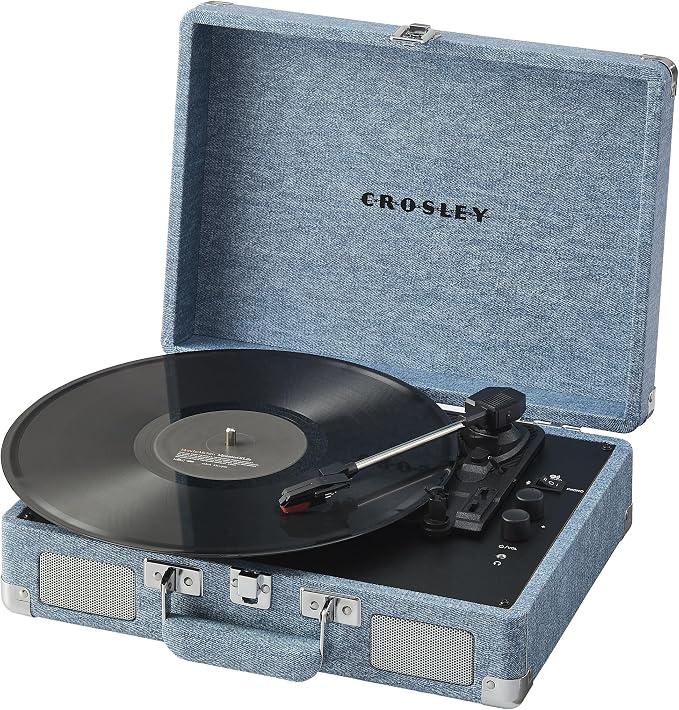 Crosley CR8005F-WD Cruiser Plus Vintage 3-Speed Bluetooth in/Out Suitcase Vinyl Record Player Turntable with Built-in Speakers, Washed Denim