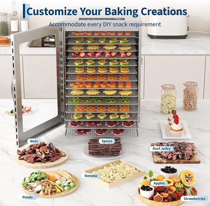 Food Dehydrator, 14 Stainless Steel Trays, 85–170°F Temperature Control | 1240W Jerky Dehydrator, 15.4 ft² Drying Space, 24-Hour Timer, for Meat, Fruit, Veggies, Dog Treats & Snacks, Bright-Silver