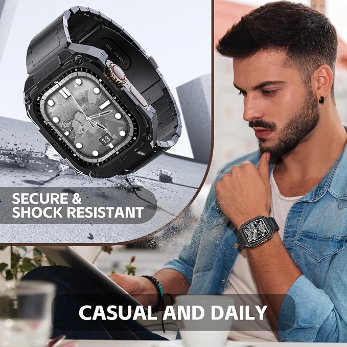 Business Stainless Steel Case with Band Compatiable for 49mm Apple Watch Ultra 3/2/1 bands for men, Rorust Metal Apple Watch Bumper Case Cover with Solid Replacement Strap for iWatch Band,Black