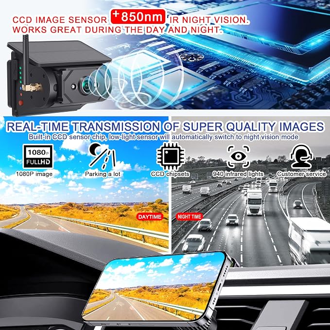 Solar-Powered Wireless Backup Camera with AI Security-Smart Human/Vehicle Detection,WiFi Connectivity,Cordless & Magnetic Mount Rear View Camera Upgrade Your Truck,Trailer,RV,or Camper WF102