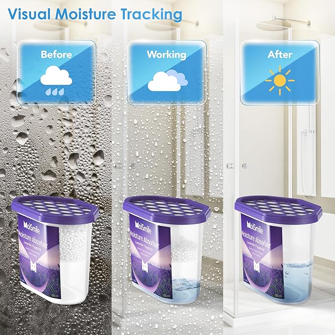 Lavender Moisture Absorbers, Fast Acting Humidity Absorber & Odor Eliminator, 10.5 oz High Capacity Dehumidifier for Closet, Bathroom, Basement, Car & RV, 6 Pack