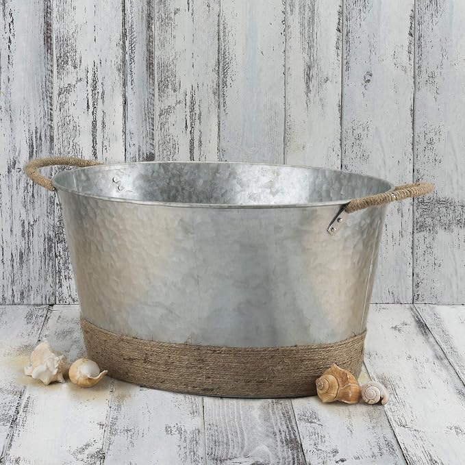 Twine Seaside Jute Rope Wrapped Farmhouse Galvanized Ice Metal Beverage Tub, Wine, Beer Bottle Bucket, 4.5 Gallons