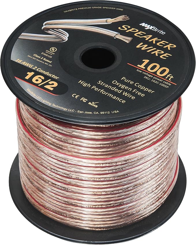 100 ft. Spool High Performance 16 Gauge Speaker Wire, Oxygen Free Pure Copper - UL Listed Class 2