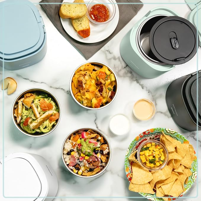 Nostalgia Portable Heated Lunch Box – 2.5-Cup Stainless Steel Food Warmer – Detachable Cord, Leak-Proof Lid, Carry Handle – Portable for Work & Travel – Chambray