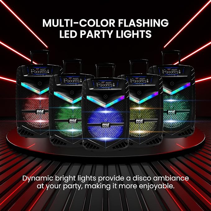 Portable Bluetooth PA Speaker System - 1200W Rechargeable Outdoor Bluetooth Speaker Portable PA System w/ 15” Subwoofer 1” Tweeter, Recording Function Mic in Party Lights USB/SD Radio