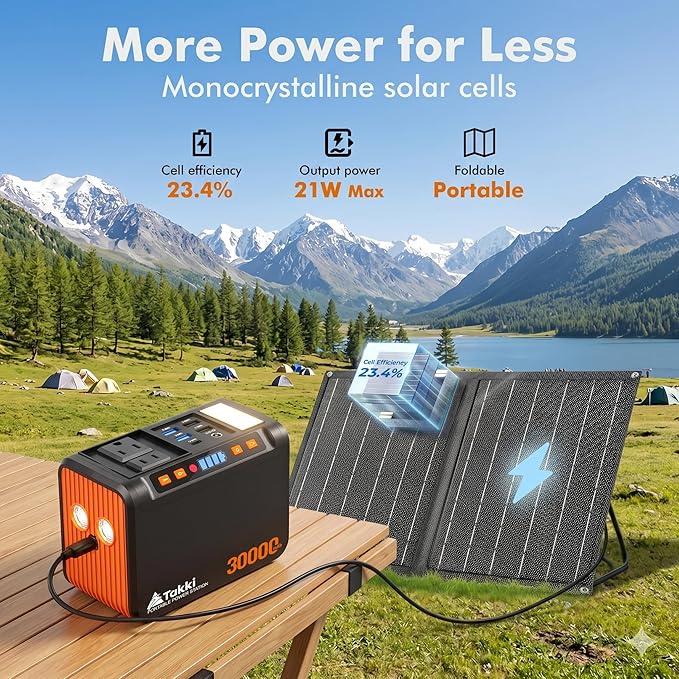 Takki 111Wh Portable Solar Generator Power Station with 21W Foldable Solar Panel, 120W Peak Solar Charger Power Bank with 110V AC DC USB Ports for Camping Emergency Outdoor Home Use
