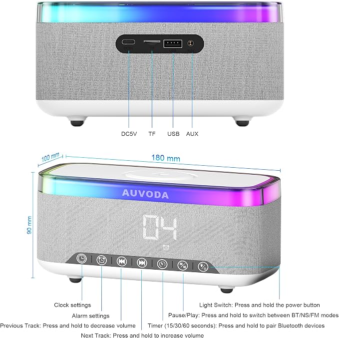S300 Portable Bluetooth Speaker, 16 W Stereo, BT 5.3, TWS Pairing | 15 W Wireless Charging, 13-Color Night Light, Alarm Clock, TF AUX Inputs, Ideal for PC Smartphone Home Bedroom Office