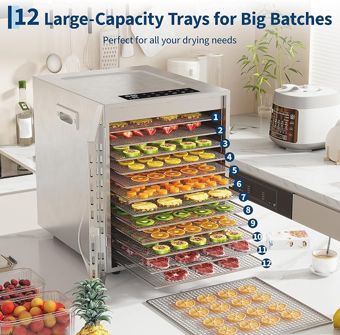 Food Dehydrator, 12 Stainless Steel Trays, 85–170°F Temperature Control | 820W Jerky Dehydrator, 13.2 ft² Drying Space, 24-Hour Timer, for Meat, Fruit, Veggies, Dog Treats & Snacks, Bright-Silver