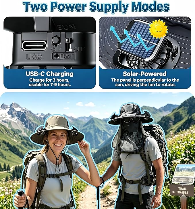 Solar Powered Fan Hat with 2 Fans, Wide Brim Sun Hat for Men Women, Adjustable Cooling Fishing Hat for Outdoor